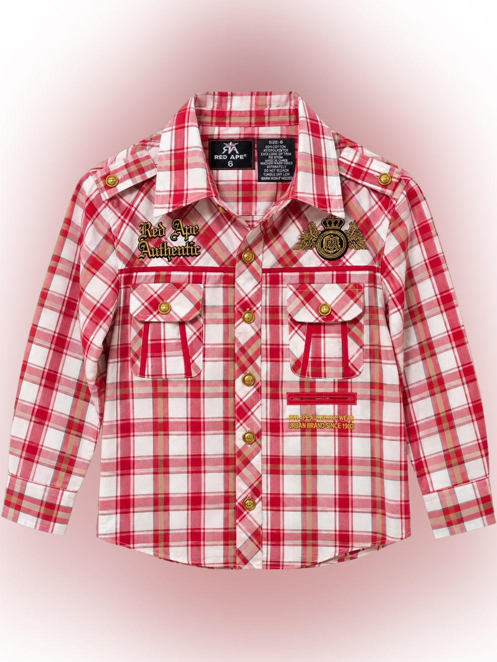 Red Ape Boys Size 6 Plaid Button Up - Red/White Gold Crest Y2K